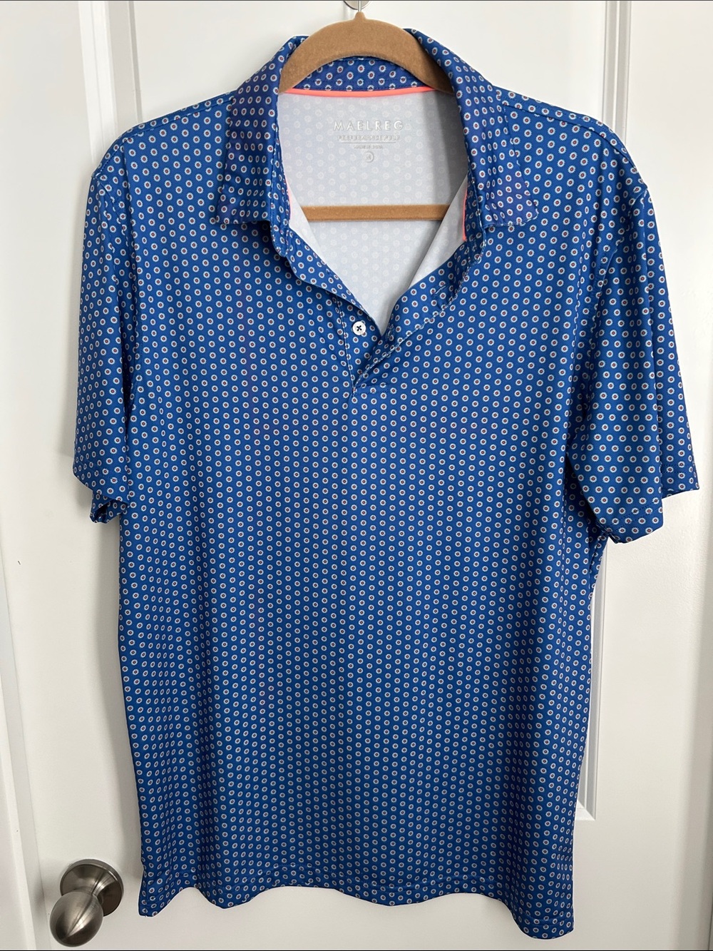 MAELREG Performance Golf Polo Shirt Men's Medium Blue Geo Print